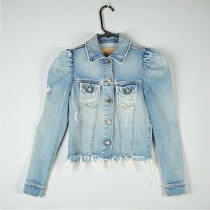 Retrofete Rissa Puff Sleeve Cropped Distressed Denim Jean Jacket Size XS EUC
